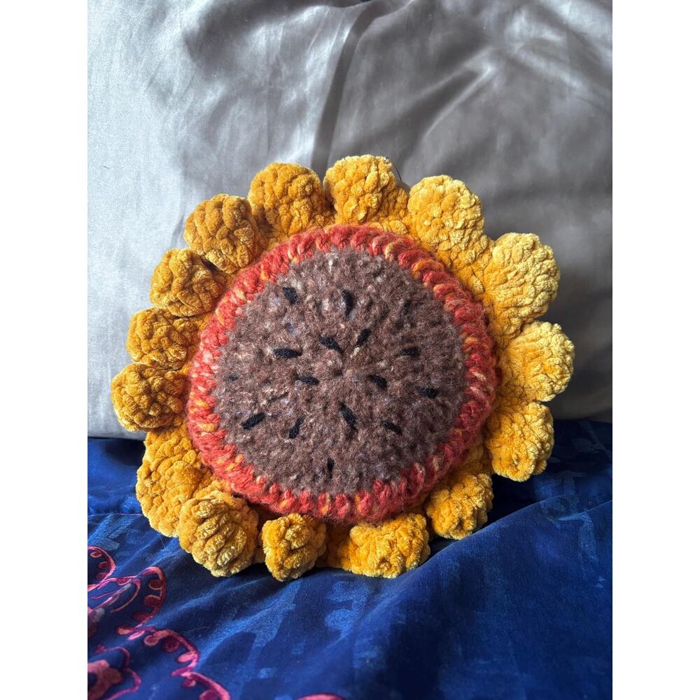 Handmade Velvet Flower Plushie, Sunflower Throw Pillow, Cottagecore Home Decor